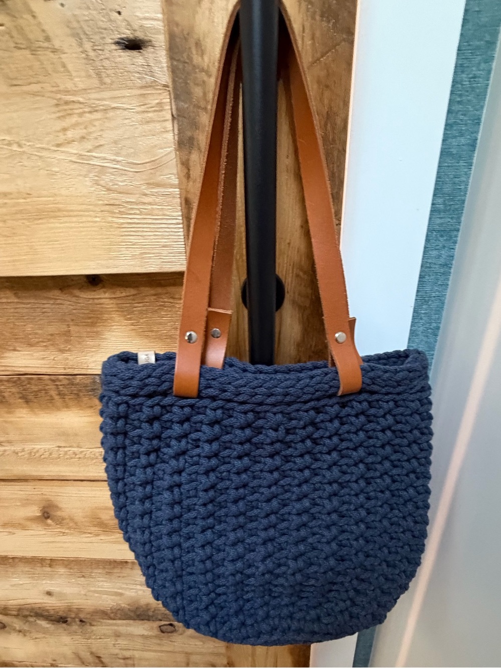 Navy Crochet Tote with Tan Leather Straps and Mustard Heart Accent - Picture 3 of 8